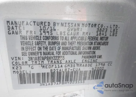 2017 Nissan Sentra S z USA, uszkodzony, nr VIN 3N1AB7AP8HY223555